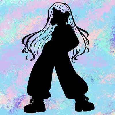 girl in baggy pants crop top and long hair