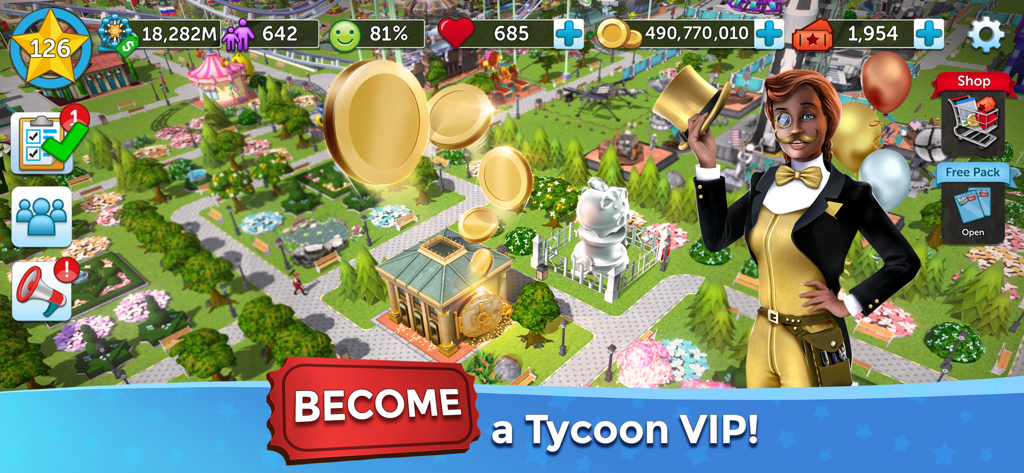 Un personaggio tycoon in abito dorato che promuove l'abbonamento VIP in RollerCoaster Tycoon Touch