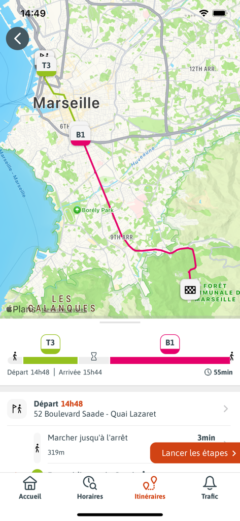 RTM - Interface de l'application mobile RTM montrant un itinéraire de transport sur une carte de Marseille avec les détails de l'itinéraire pour les lignes T3 et B1.
