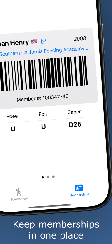 Fencing Helper - Fencing Helper app interface showing a digital membership card with barcode and fencer ratings for Epee Foil and Saber