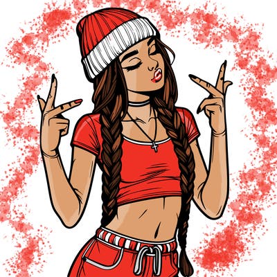 realistic teenage girl with braids and a beanie and crop top doing 🫶🏼