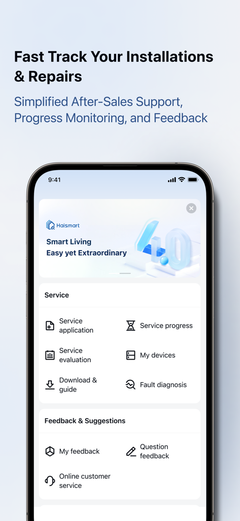Haismart mobile app interface displaying options for appliance service applications progress monitoring and customer feedback