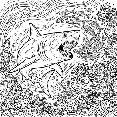 Witness the power of the ancient oceans with this thrilling Megalodon hunting coloring page. Immerse yourself in a dynamic scene where the prehistoric giant shark pursues a school of fish amidst intricate coral reefs.