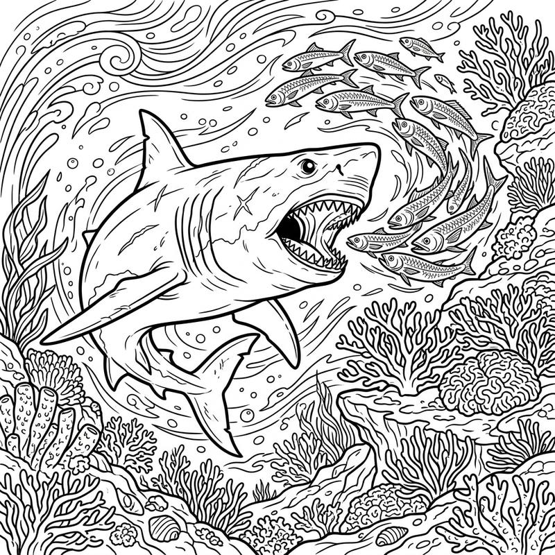 Witness the power of the ancient oceans with this thrilling Megalodon hunting coloring page. Immerse yourself in a dynamic scene where the prehistoric giant shark pursues a school of fish amidst intricate coral reefs.