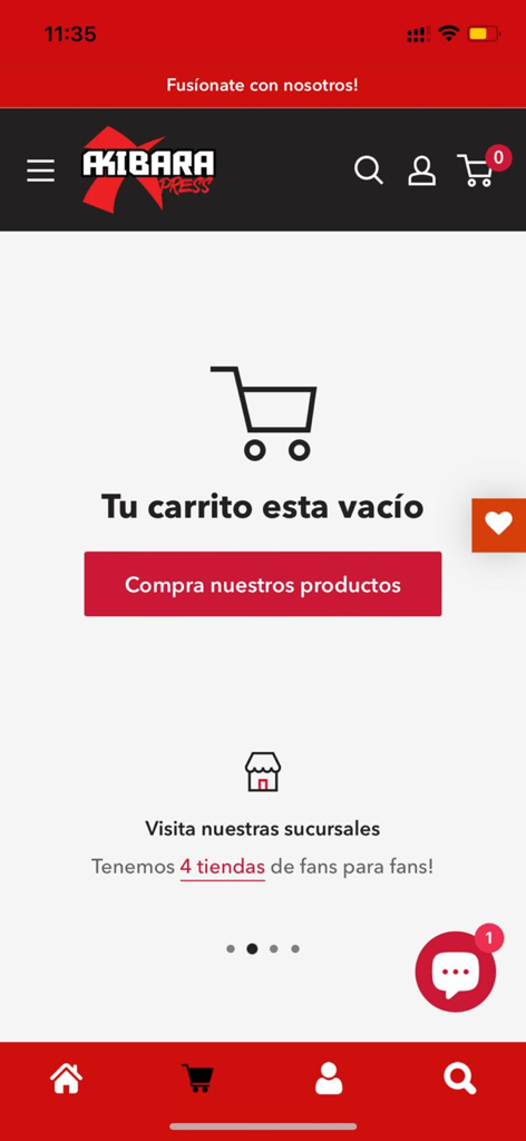 Akibara Xpress - Interfaz de la aplicación móvil Akibara Xpress que muestra una pantalla de carrito de compras vacío en español con un botón para comprar productos.