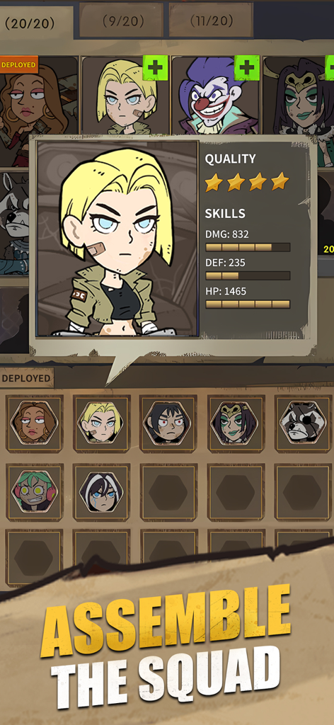 Hero selection and squad assembly screen in Survivors Squad showing character stats and quality ratings