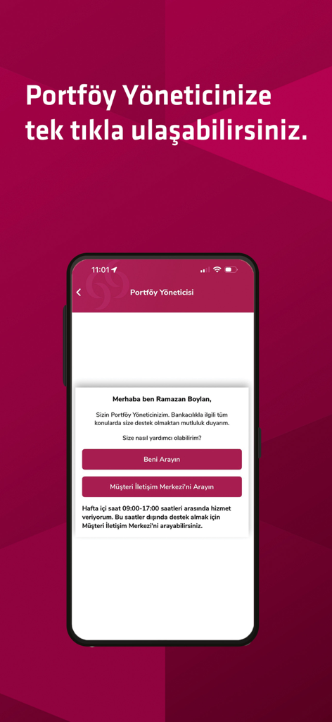 Alternatif Bank Mobile - Mobile screen showing the portfolio manager contact interface with options to call a dedicated representative in the Alternatif Bank app.