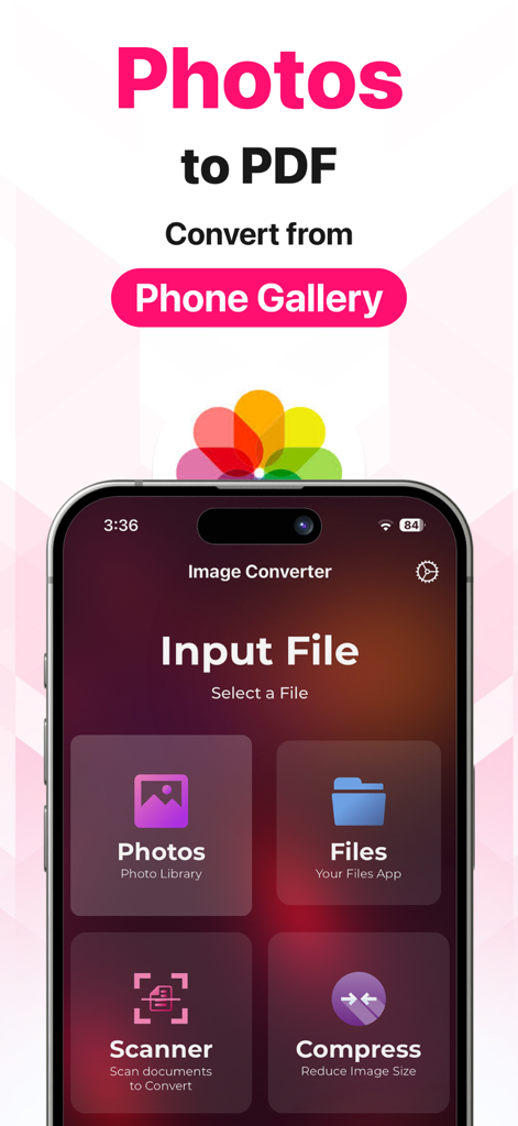 Image Converter • JPG to PDF - Oberfläche der Bildkonverter-App, die Optionen zur Auswahl von Fotodateien oder zum Scannen von Dokumenten für die Konvertierung anzeigt