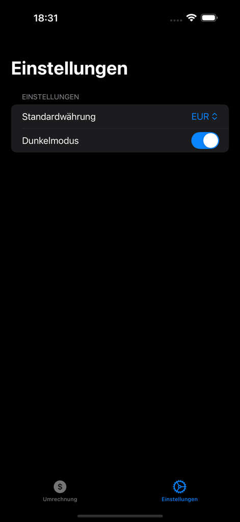 Einstellungen-Bildschirm der Währungsumrechner-App mit Dunkelmodus und Auswahl der Standardwährung