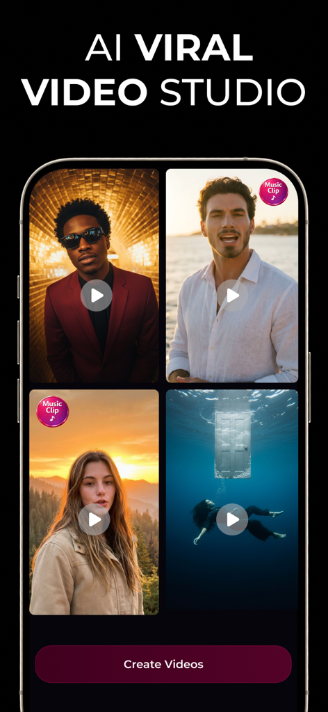 ImaginAI - AI Art & Video - 다양한 영화 같은 음악 기반 비디오 템플릿이 있는 AI 바이럴 비디오 스튜디오를 보여주는 ImaginAI 앱 화면.