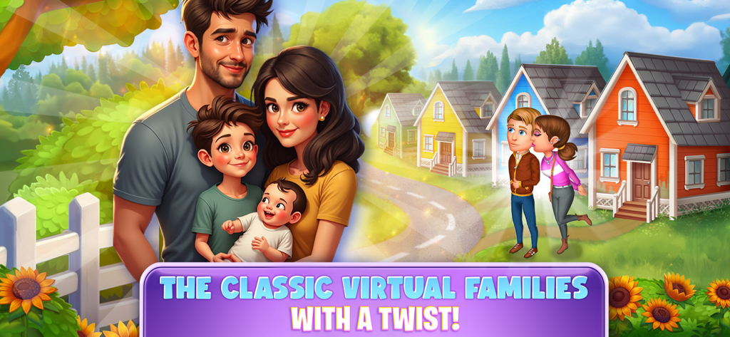 A happy family of four and a young couple in front of a row of colorful suburban houses in the game Virtual Families Our New Home