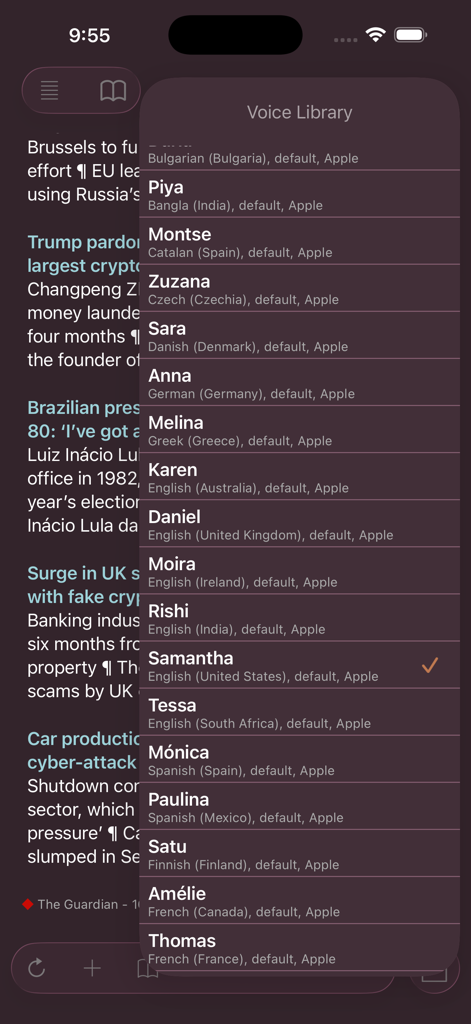 Voice Library menu in Speak News showing international text to speech options