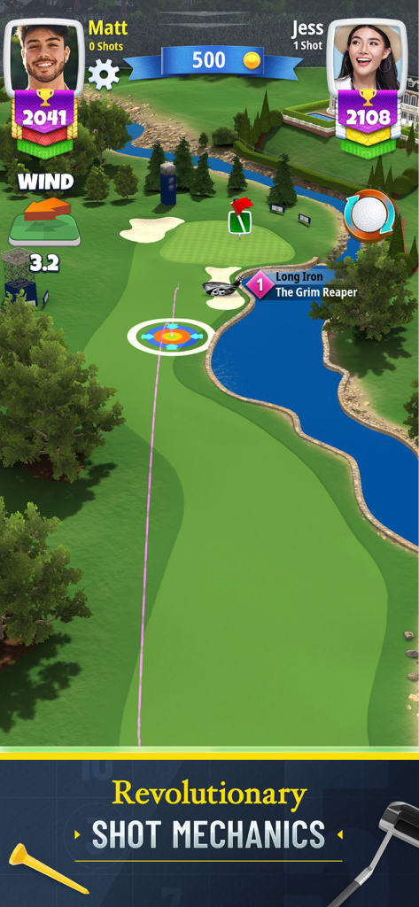 A 1v1 multiplayer match in Golf Clash showing shot mechanics and wind adjustment