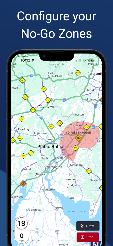 Truck GPS app showing custom no go zones and bridge clearance alerts on a map