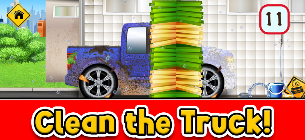 Little Car Wash: Vehicle Game - A blue truck being cleaned with a large brush in the Little Car Wash mobile game.