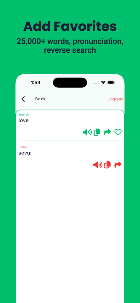 Interface of the Uzbek Dictionary app showing the translation of the word love to sevgi with audio and favorite options