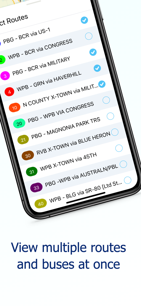 Alabama주 Mobile의 선택 가능한 버스 노선 목록을 보여주는 The Wave Transit 앱 인터페이스
