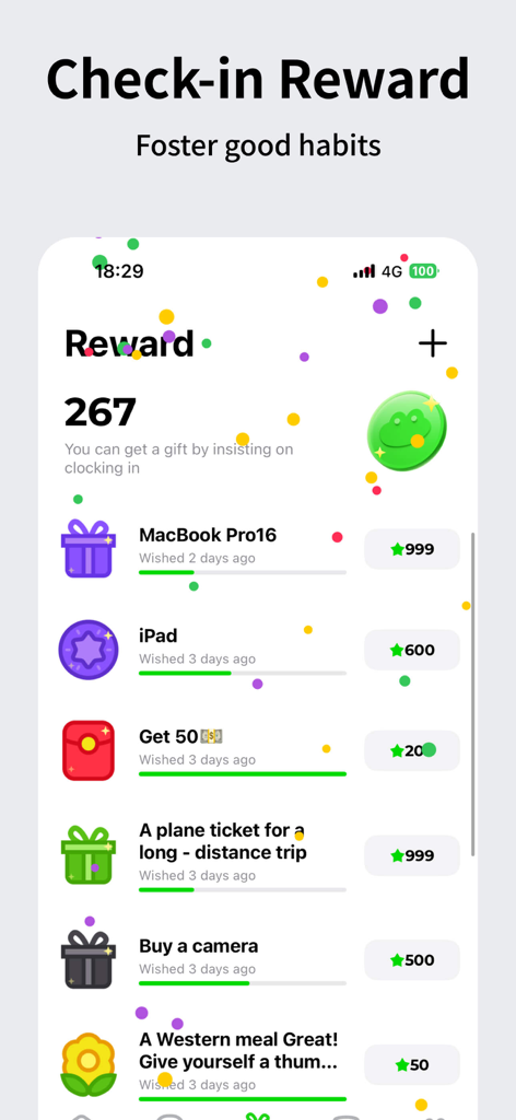 FrogCount - Habit Tracker - A mobile app interface showing a reward exchange system where users spend stars earned from habits to unlock items like a MacBook or iPad