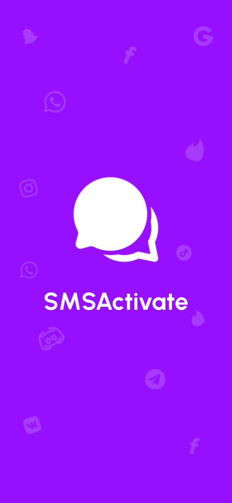 Pantalla de inicio de la app SMSActivate con un logo de burbuja de chat blanca sobre un fondo morado rodeado de iconos de redes sociales