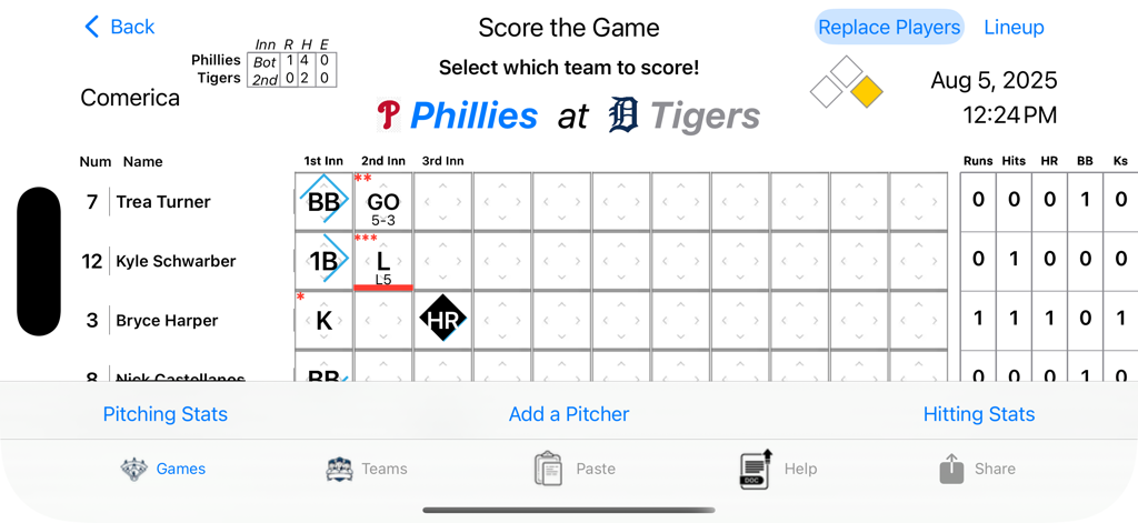 ScoreKeep - Baseball Scoring - A digital baseball scorecard interface showing a live game between the Phillies and Tigers with real time player stats and inning records