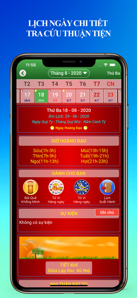 Lịch Vạn Niên 2026 & Lịch Âm - Vista giornaliera dettagliata dell'app Calendario Lunare Vietnamita che mostra ore propizie e oroscopi giornalieri.