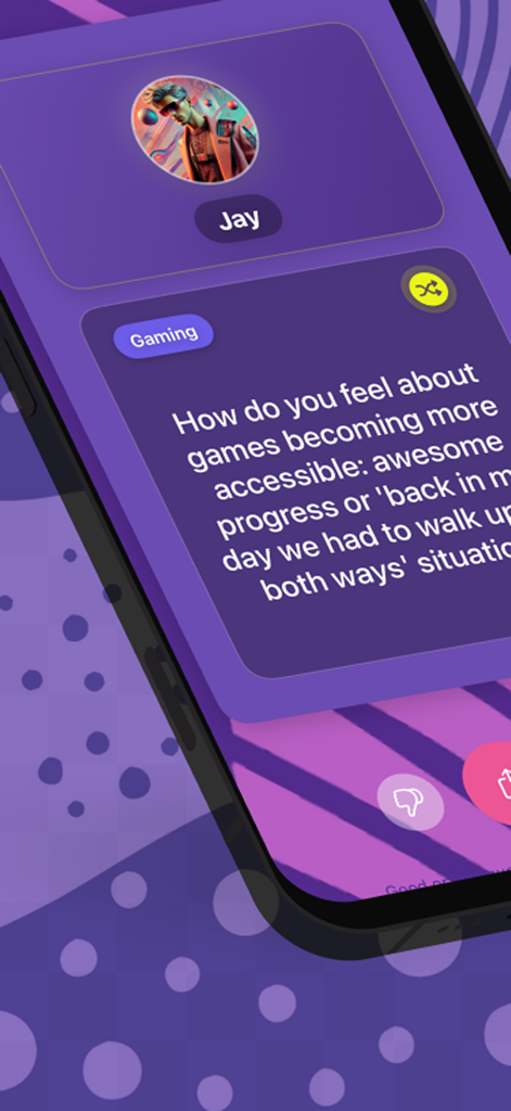 Quii - Interface of Quii app showing a gaming icebreaker question for a user named Jay