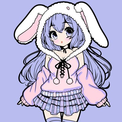 pretty anime girl wearing a fluffy hoodie with bunny ears on the hood and a skirt