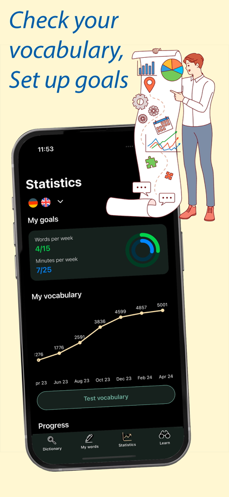My Words: Vocabulary builder - Statistics dashboard in the My Words app showing vocabulary growth over time and weekly learning goal progress
