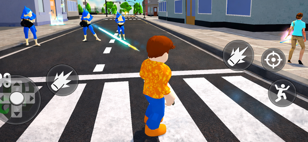 City life RP Open World Game - Capture d'écran du gameplay de City life RP montrant un personnage explorant les rues de la ville en monde ouvert avec des commandes mobiles.