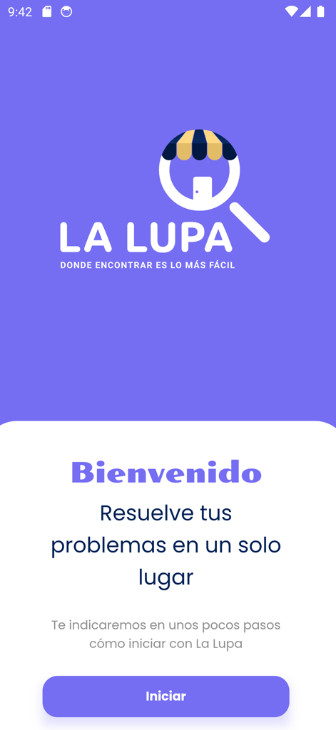 La Lupa App - Welcome screen of La Lupa App showing the logo and a start button in Spanish.