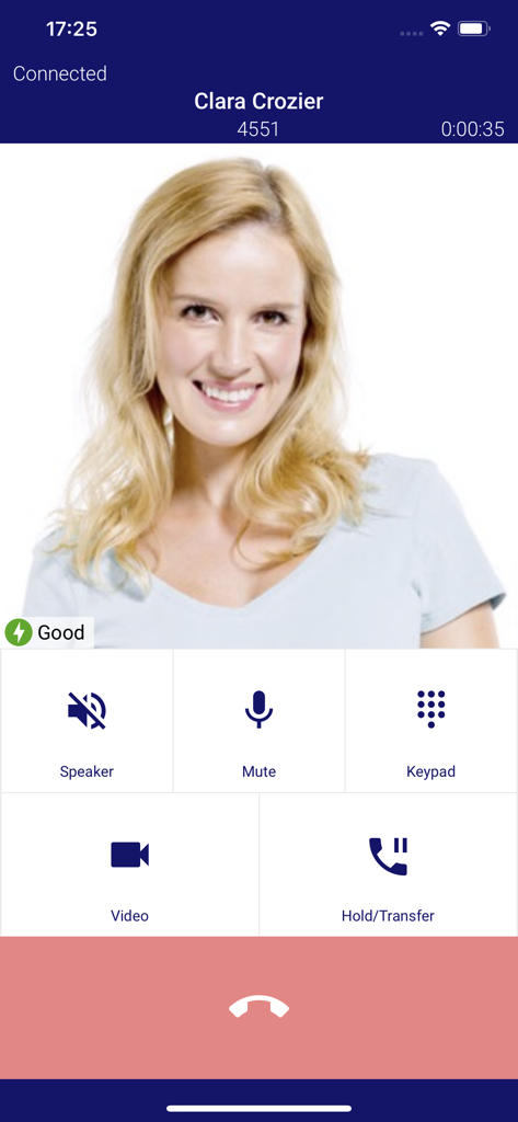 UNIVERGE ST500 - Active call screen on the UNIVERGE ST500 mobile app showing call management controls like mute speaker and transfer