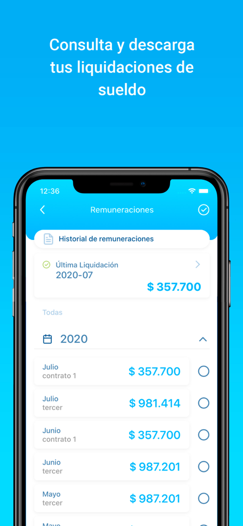 Rex+ - Interfaz de la aplicación móvil Rex plus que muestra el historial de nóminas y los recibos de nómina para empleados.