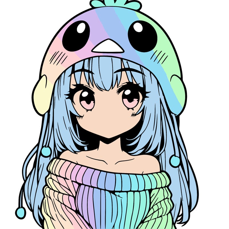 anime girl with chick shaped hat with sweater with bare shoulders with bangs covering them one eye with low tail
