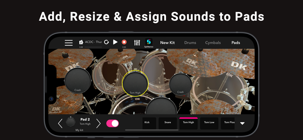 Mobile app interface showing how to add resize and assign sounds to 3D drum pads