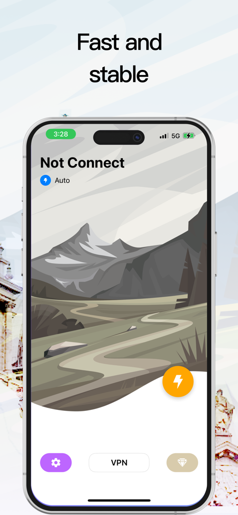 Super VPN Fly 2026 - Super VPN Fly 2026 mobile app interface showing the main connection screen with a mountain landscape background