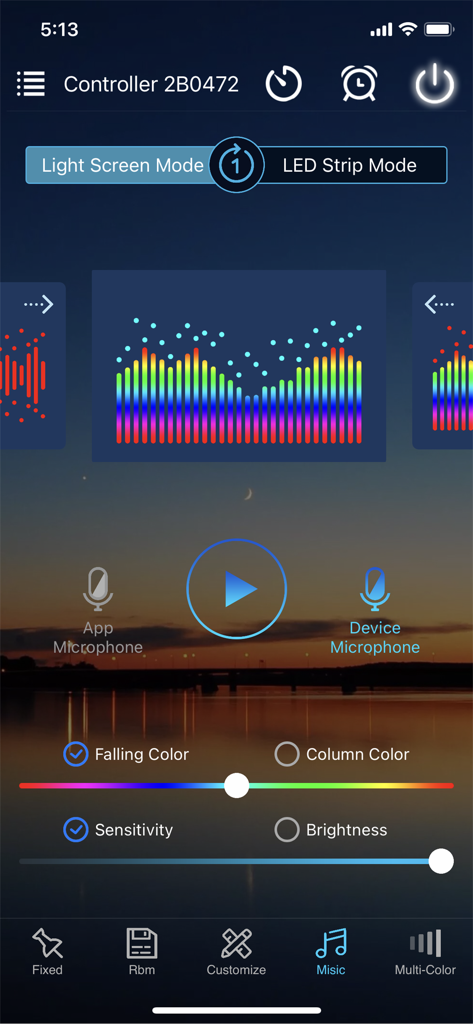 ZENGGE app interface showing music synchronization settings for Bluetooth LED light strips