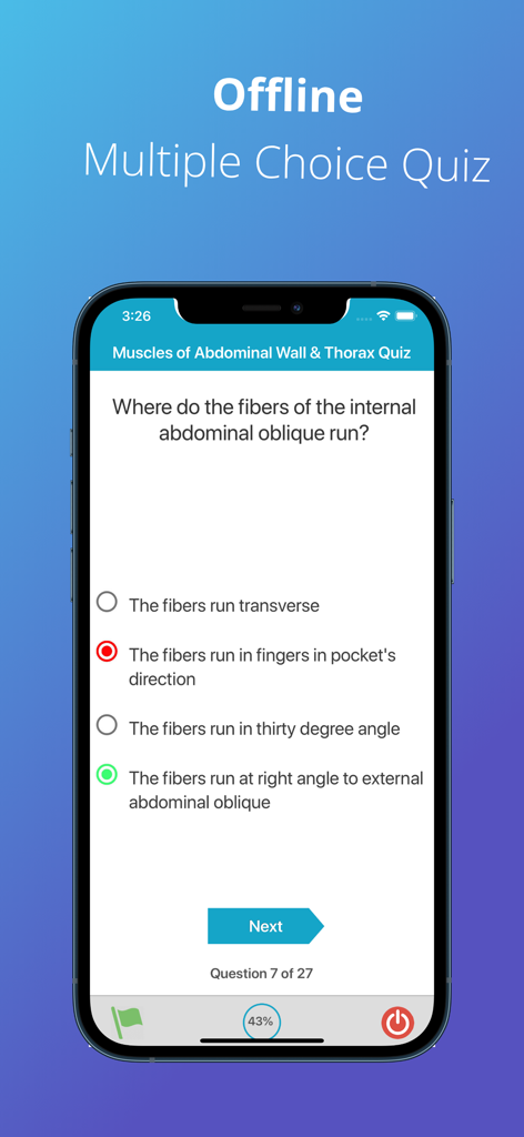 A multiple choice anatomy quiz question about the fibers of the internal abdominal oblique muscle.