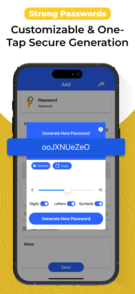 Password Manager & Generator - Interface for generating strong customizable passwords in a mobile app