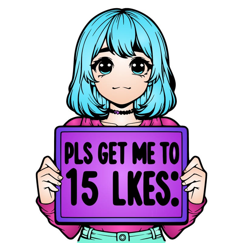 realistic girl holding up a sign that says “pls get me to 15 likes!”