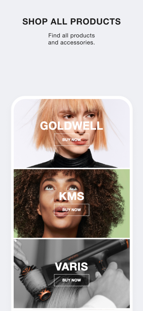 Kao Salon Alliance online shop - Tela do aplicativo Kao Salon Alliance exibindo as marcas profissionais Goldwell, KMS e Varis com botões de comprar agora