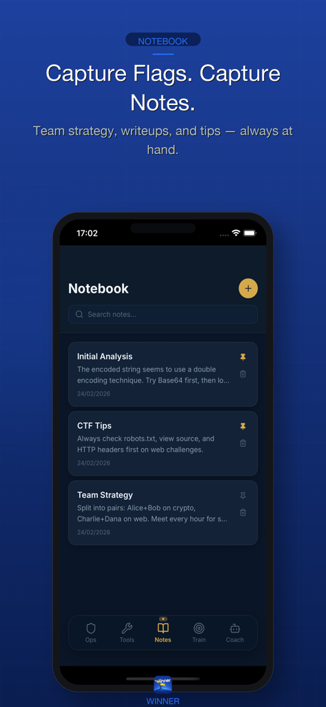 Winner CTF - Interfaz del bloc de notas de la aplicación Winner CTF mostrando notas estratégicas organizadas y análisis de desafíos para eventos de ciberseguridad