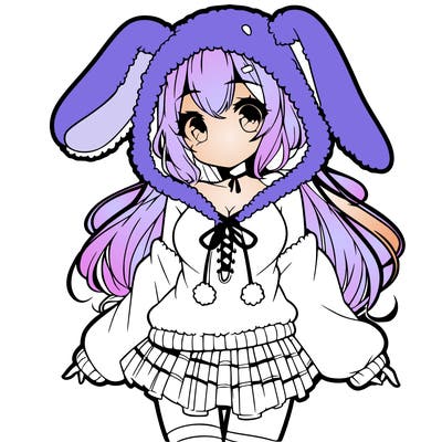 pretty anime girl wearing a fluffy hoodie with bunny ears on the hood and a skirt