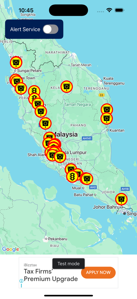 Speed Camera Detector - Mapa de Malasia que muestra las ubicaciones de alertas de radares de velocidad y de semáforo dentro de la aplicación