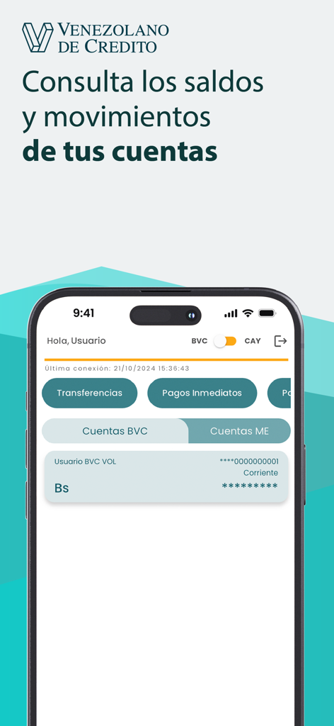 VOL.móvil (acceso anticipado) - Smartphone-Bildschirm, der die VOL movil Banking-App-Oberfläche zur Überprüfung von Kontoständen anzeigt.