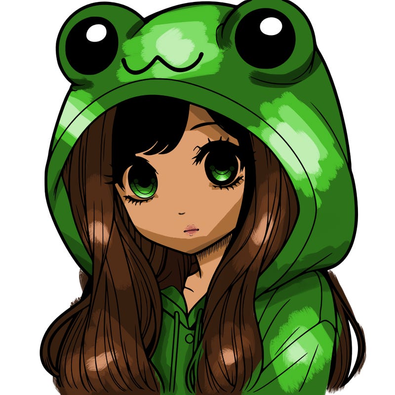 a pretty girl wearing a frog hoodie portrait with long hair