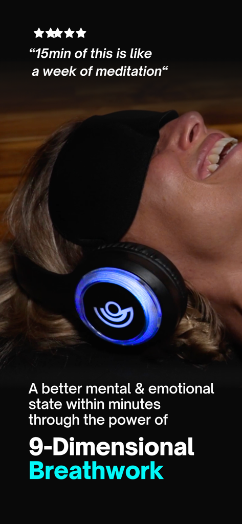 A smiling person wearing a sleep mask and glowing blue headphones for an immersive 9D breathwork session