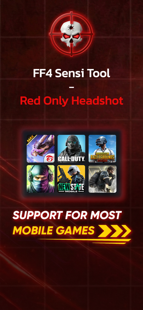 Game Booster Headshot Tool interface showing compatibility with multiple mobile games like Free Fire and Call of Duty