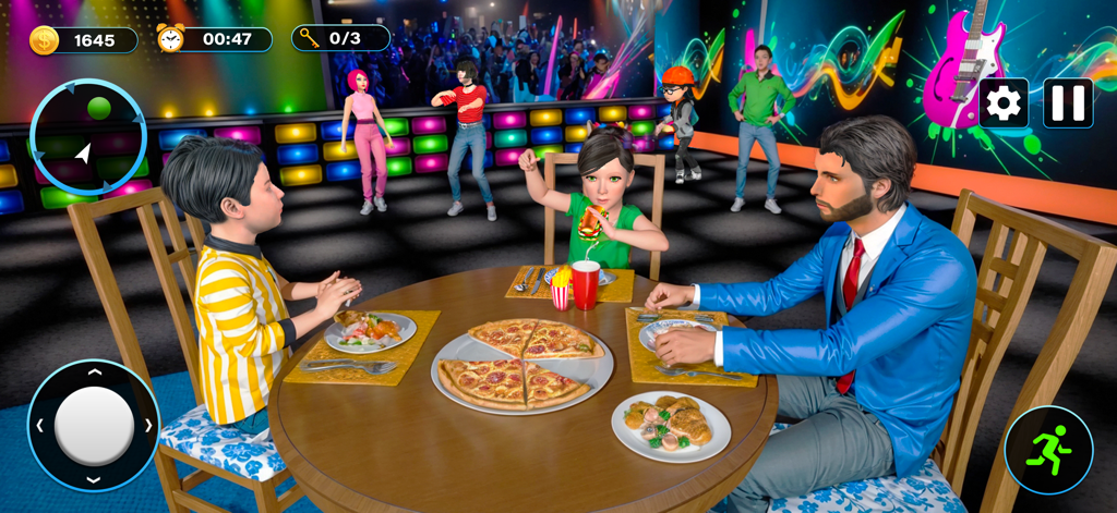 Single Dad Games Happy Family - Virtual single dad eating pizza with his children at a round table in a neon dance club