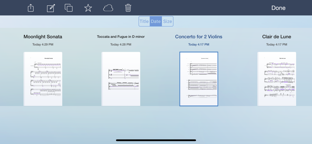 Symphony Pro - Music Notation - The music score library in Symphony Pro showing various saved compositions