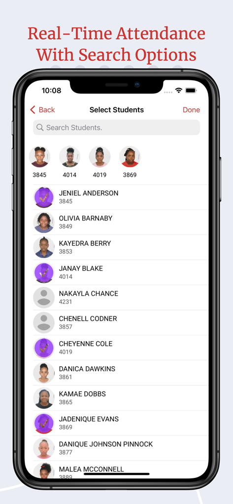 Interfaz de la aplicación móvil que muestra una lista de estudiantes buscable para el seguimiento de la asistencia en tiempo real.
